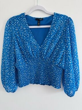 Aqua Blue Floral Smocked V-Neck Blouse